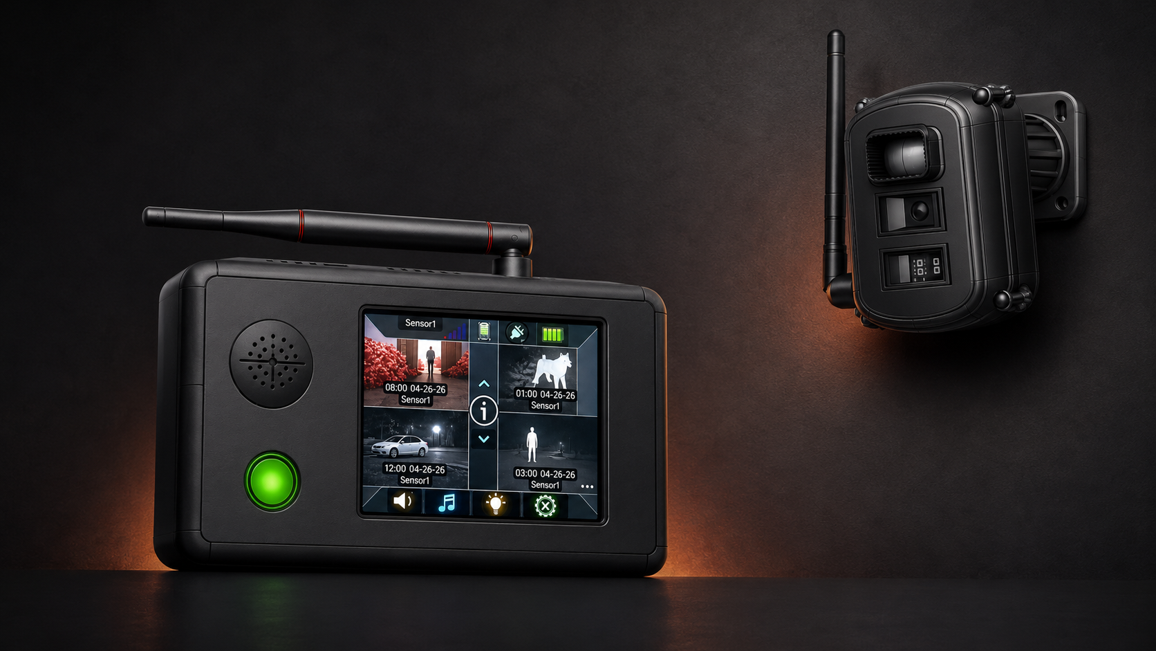 Reporter AI wireless alert hub and outdoor PIR sensor shown together