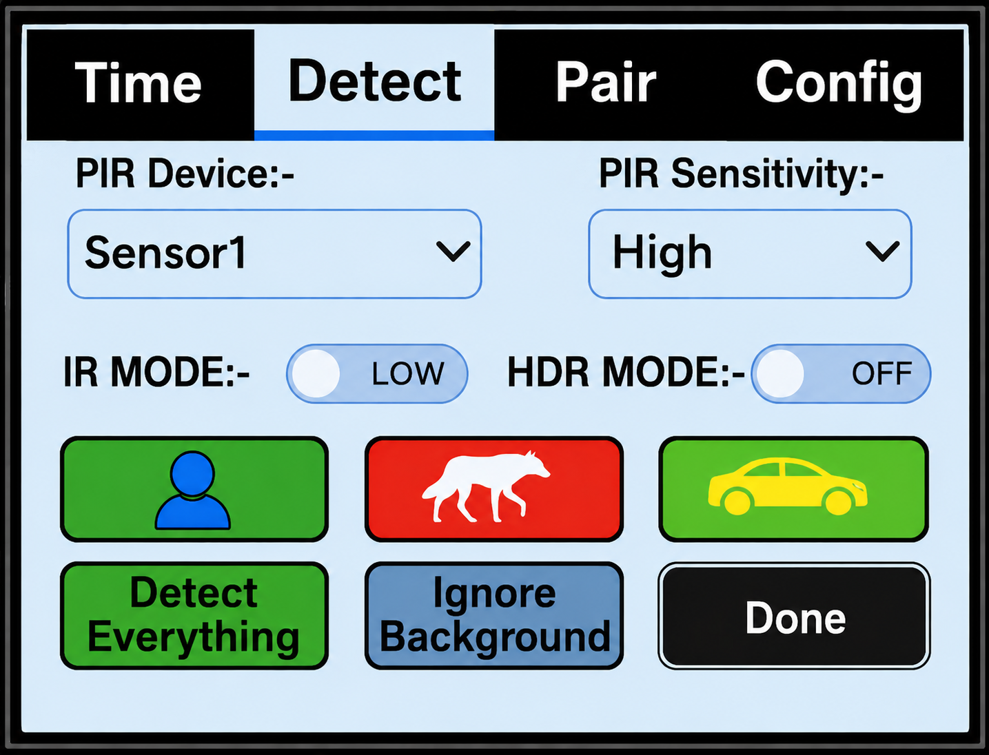 Detection settings screen showing human, animal, and vehicle alert options