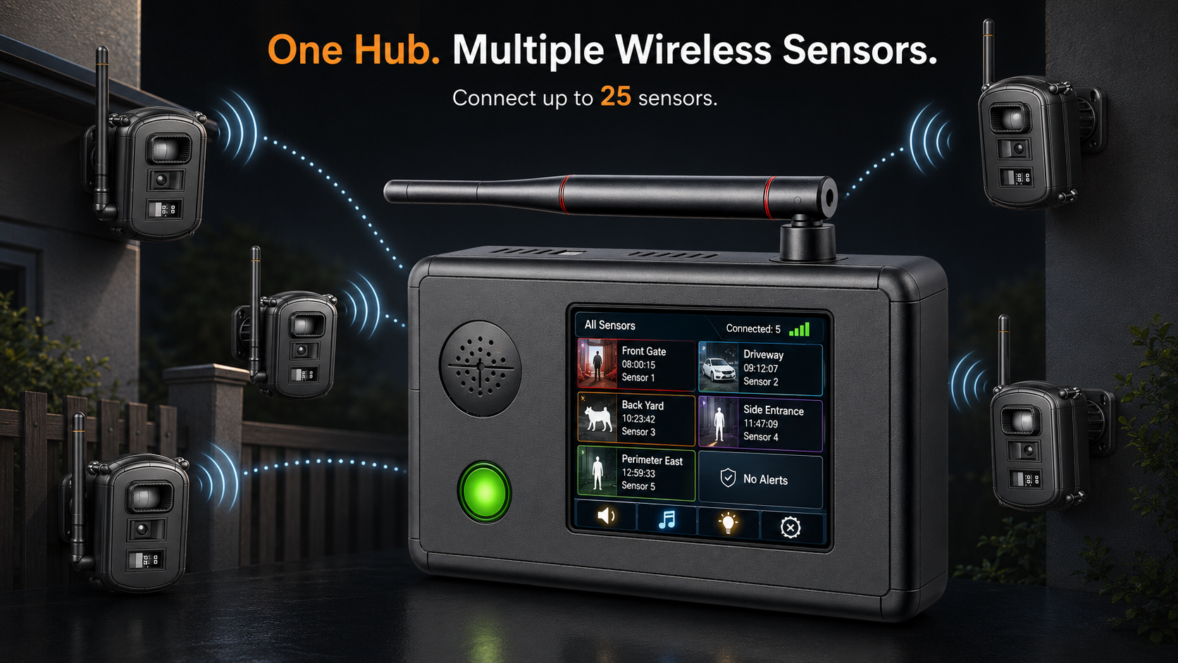 Reporter AI wireless alert system with multiple outdoor sensors connected to one hub