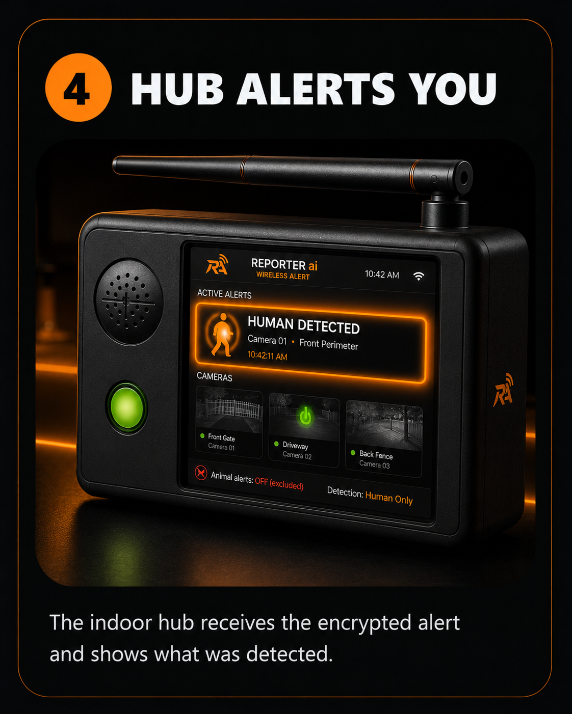 Indoor Reporter AI hub showing motion alerts from outdoor wireless sensors